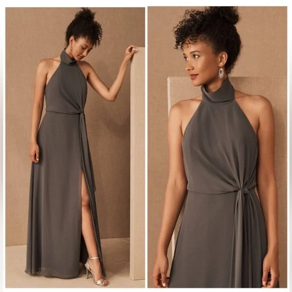 NWT Jenny Yoo Elliya Morning Slate Gray Halter high slit Bridesmaid Dress Sz 18 - Picture 1 of 13